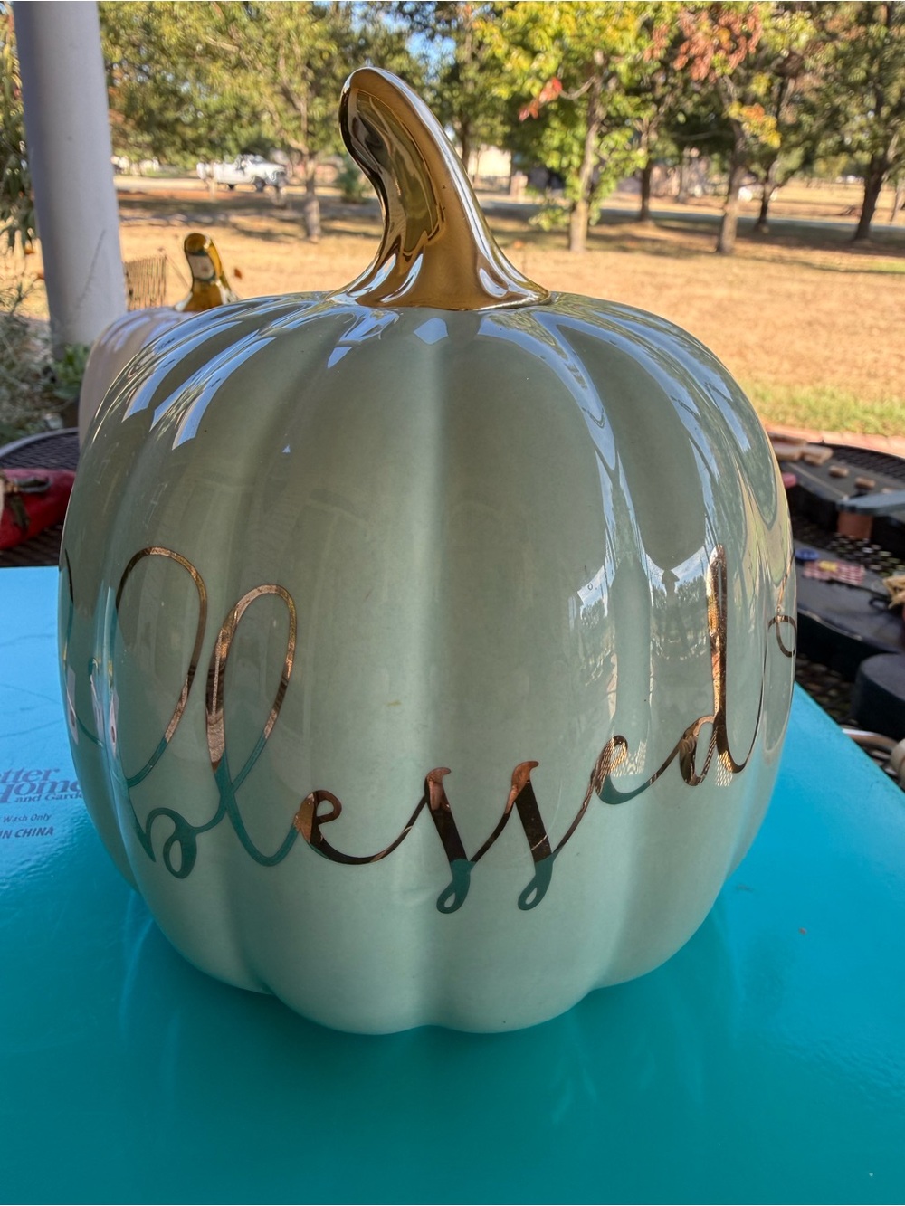 Robert Stanley Ceramic Pale Blue and Gold "Blessed” Pumpkin Autumn Decor. 6 1/2”